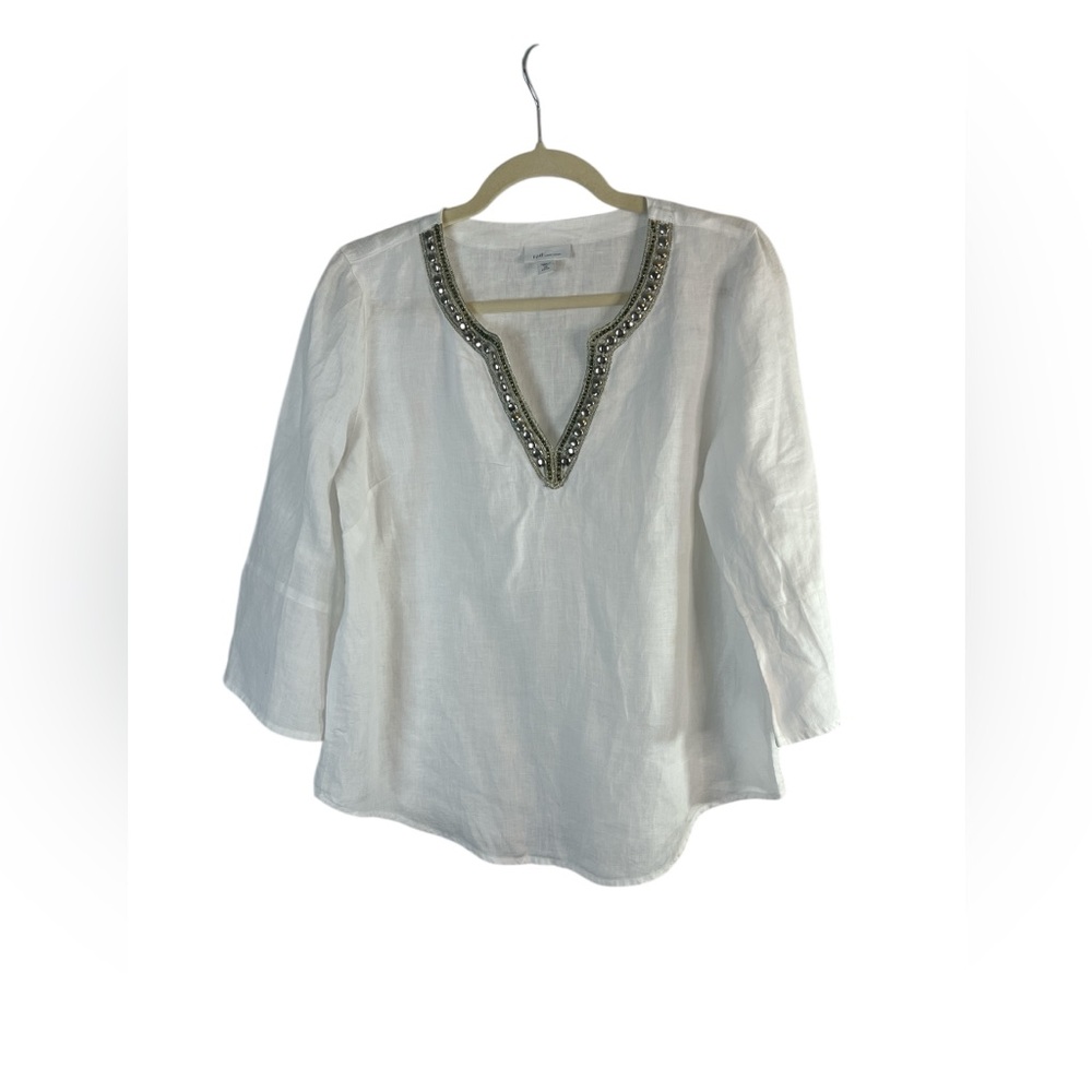 J.Jill Love Linen Top XS‎ Petite White Beaded Neckline Boho Lightweight
